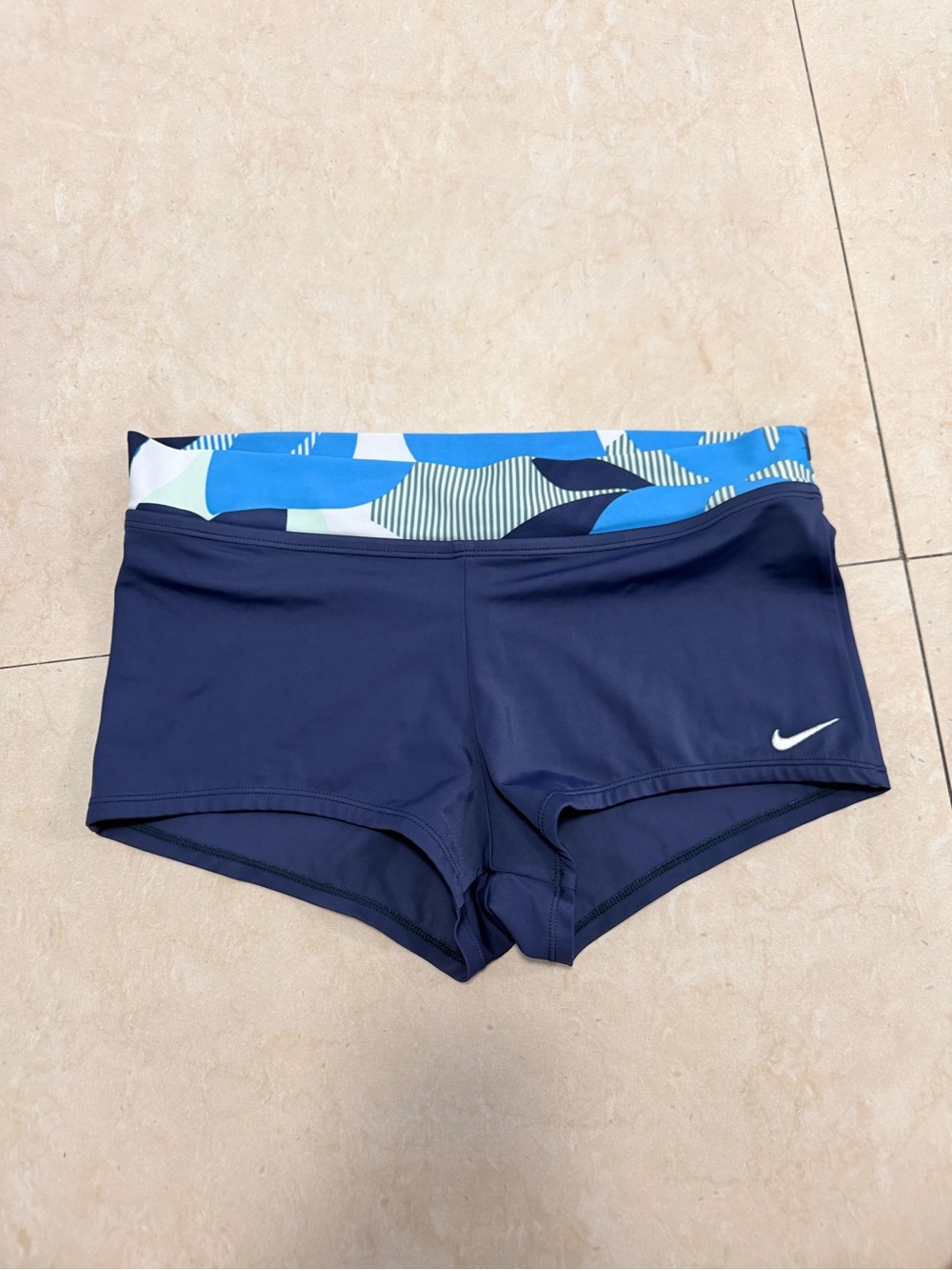 Nike Women's Navy Bike Shorts with Blue Patterned Waistband
